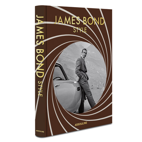 Side view of brown coffee table book that says "James Bond Style"