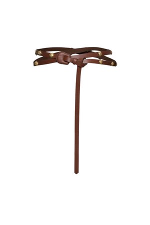 A brown leather belt with brass studs and a matching leather keeper, displayed on a solid white background.