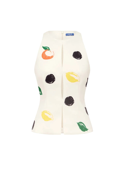 White sleeveless top with fruit patterns on a white background