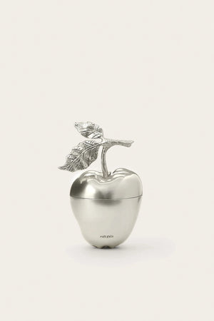 Silver apple-shaped bag with a leaf on a white background