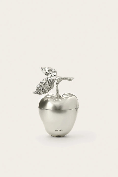 Silver apple-shaped bag with a leaf on a white background