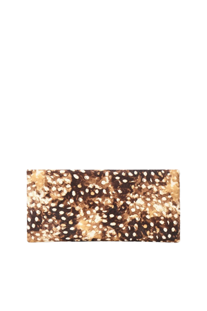 A rectangular clutch bag with an abstract organic pattern of black, brown, and beige spots, set against a plain white background.