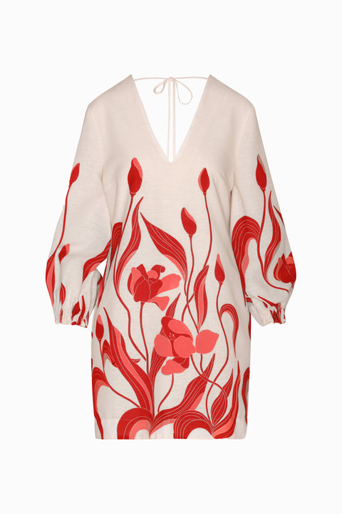 Front of Linen mini dress with v-neck, balloon sleeves and red floral pattern.