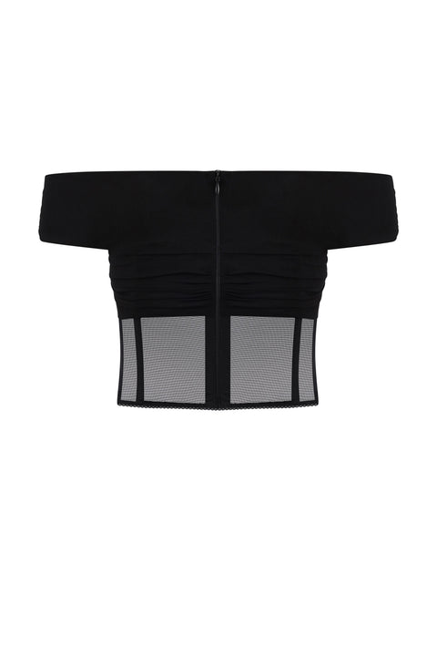 Back view of flat lay of black off-the-shoulder mesh corset top with a matching maxi skirt