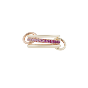 Ghost image of a Spinelli Kilcollin Petunia ring that features one 1.7mm 18k yellow gold band, one 2.3mm 18k yellow gold band, and one 2.8mm 18k yellow gold band pave with ombre pink sapphires, all connected by two 18k yellow gold connectors.