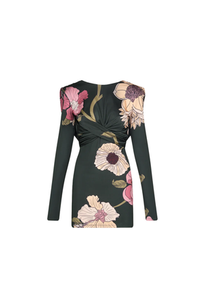 A long-sleeve dark green bodycon dress with a twisted front detail and a large floral print in pink, beige, and green, shown against a plain white background.