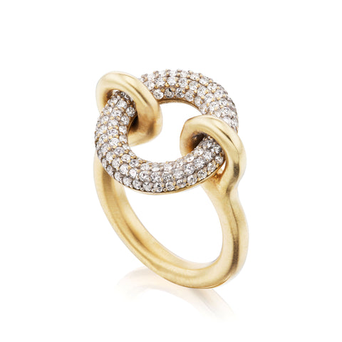 Gold ring with diamond accents on a white background