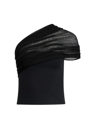 Black one-shoulder top with sheer detailing on a white background
