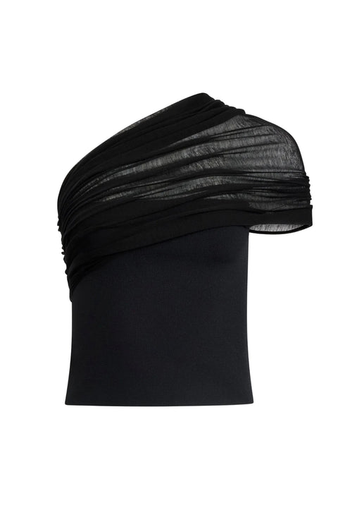 Black one-shoulder top with sheer detailing on a white background
