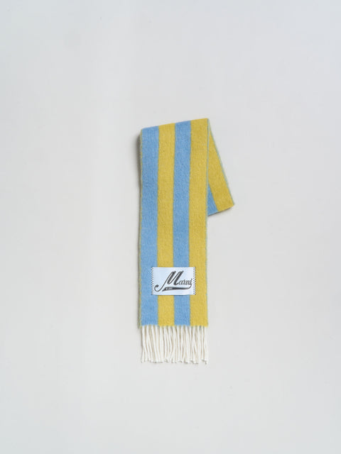 Blue and yellow striped scarf with cream tassels and marni silk logo.