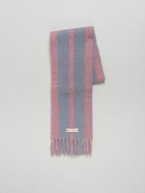 Striped scarf with pink and gray colors on a light gray background