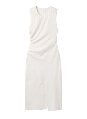 White pinstripe maxi dress with rouching on the side