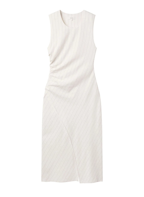 White pinstripe maxi dress with rouching on the side