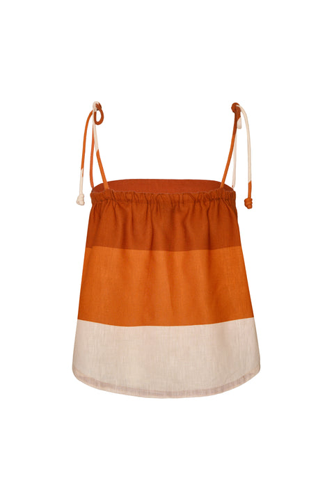 Flat lay of back of orange and white gradient striped top with corded straps on a white background