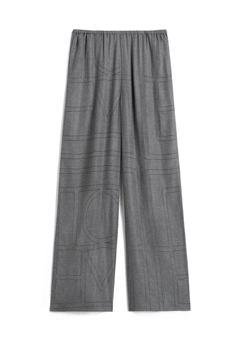 Gray wide leg flannel pants with monogram pattern in contrast stitching.
