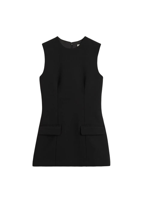 Black sleeveless crepe top with faux pockets on a white background