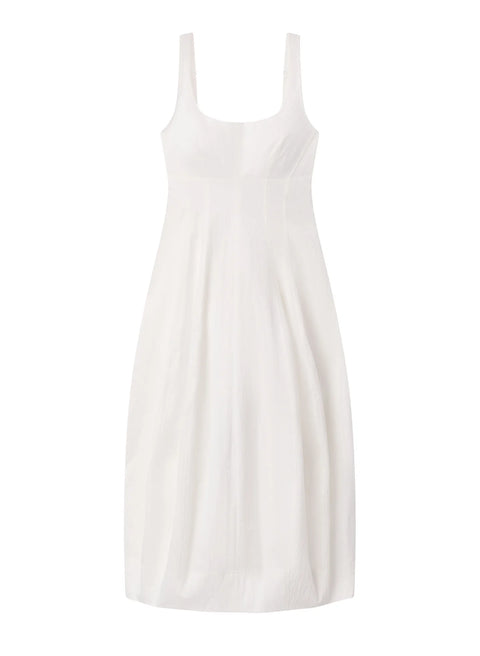 Flat lay of white maxi dress with rouched bottom