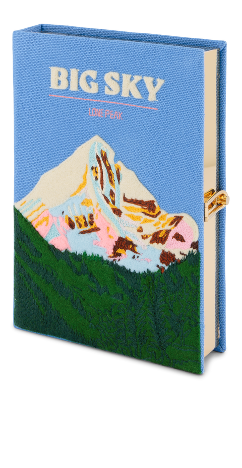 Book looking clutch titled 'Big Sky' with mountain illustration on a blue background