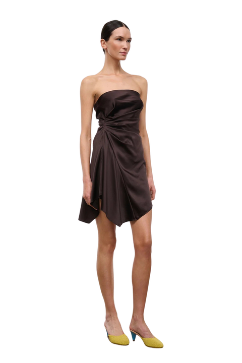 Woman wearing a strapless silk brown mini dress on a white background side angle