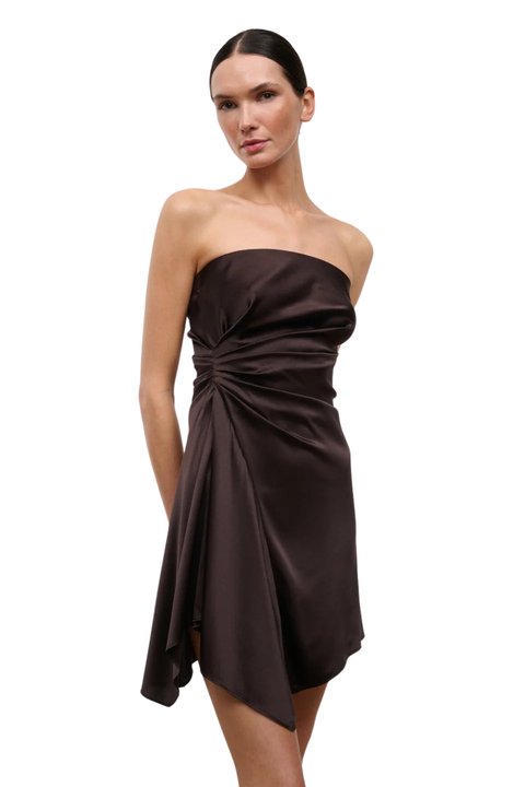 Woman wearing a strapless silk brown mini dress on a white background close up