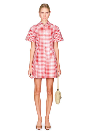 Woman wearing a red and white checkered dress on a white background