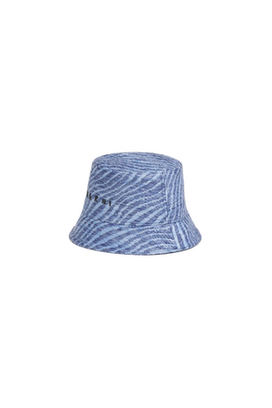 Blue striped raffia like bucket hat on a beige background