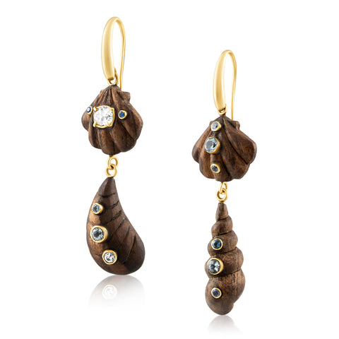 Carved Wood 2-Tier Shell Earrings