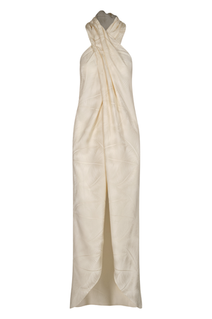 A long halter-neck cream jacquard top with a cross neckline