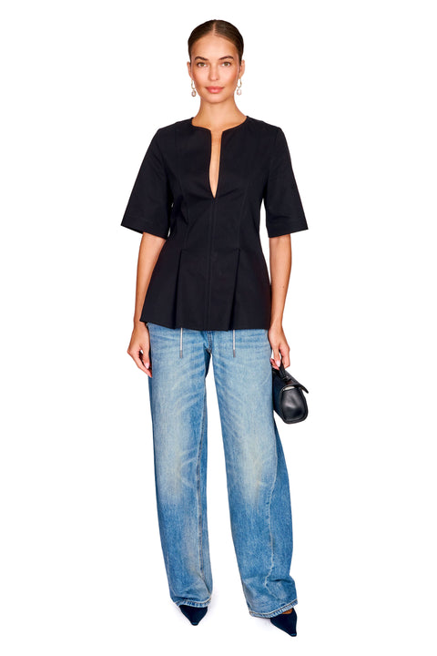 Tailored Cotton Short Sleeve V Neck Top