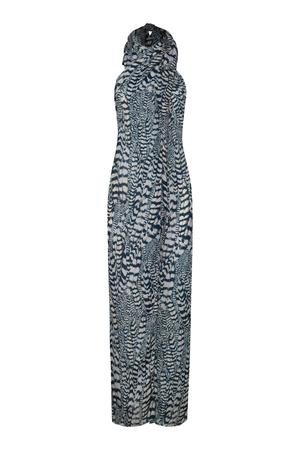 A silk, navy and cream patterned halter-neck maxi top