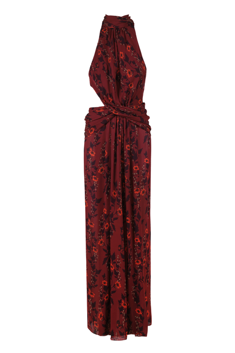 A burgundy-wine maxi dress with a halter neck and ruched waist