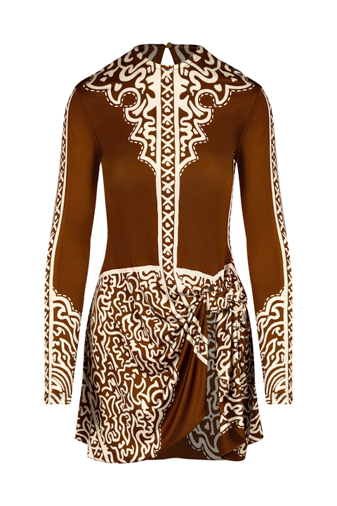 Brown and ecru long sleeve top with a geometrical pattern and side tie detail