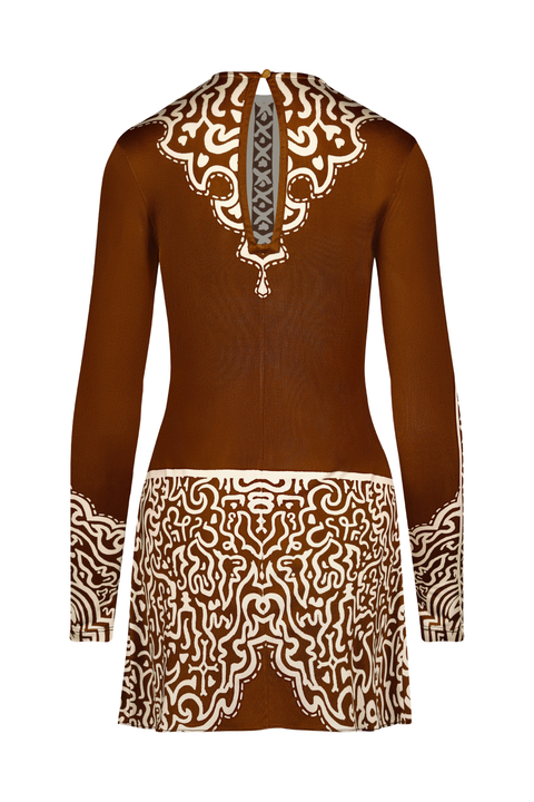 Brown and ecru long sleeve top with a geometrical pattern and side tie detail