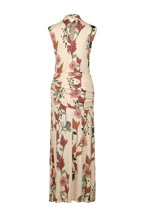 Cream and multicolor floral midi dress with crisscross draping and ruching across the waist