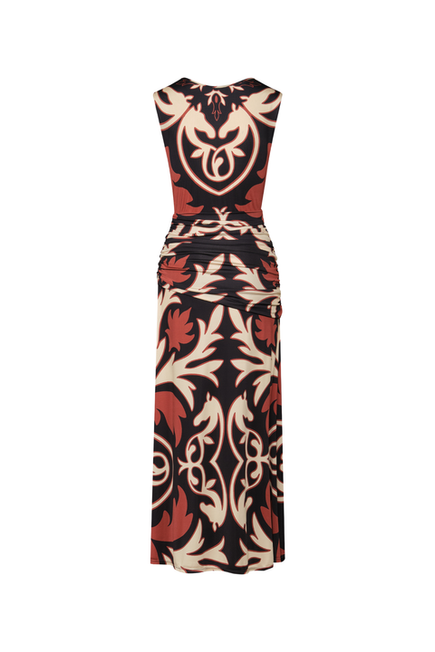 A black, cream, and red patterned midi dress with a reversible deep v or boat neckline