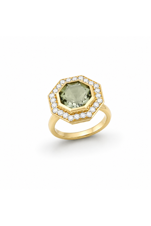 Prasolite and Diamond Bia Ring