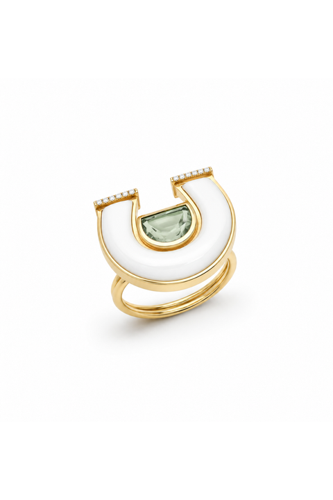 Prasolite, White Mother Of Pearl And Diamond Horseshoe Ring