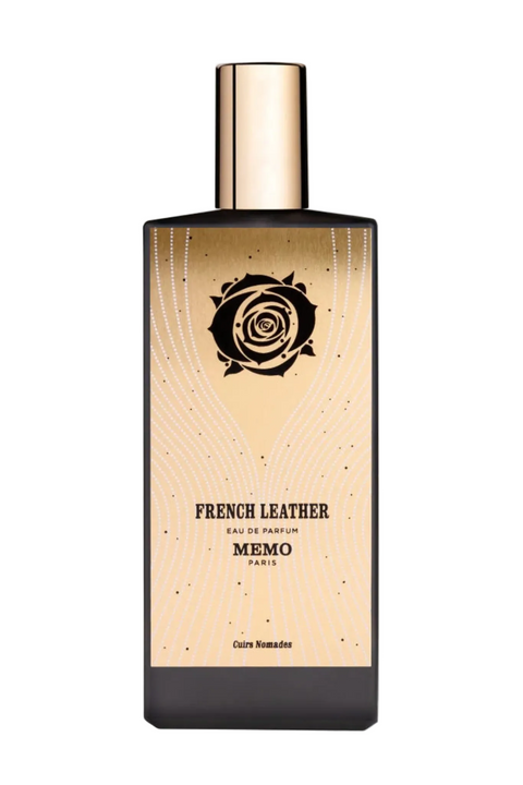 Perfume bottle labeled 'French Leather' by Memo Paris on a white background