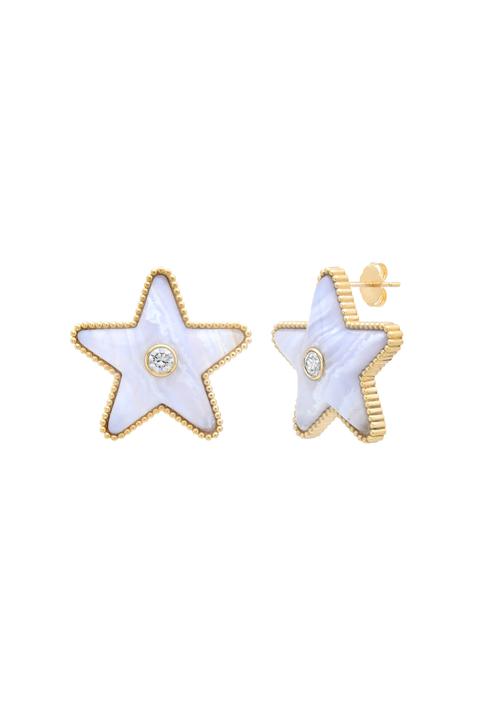 Lace Agate And Diamond Stud Earrings