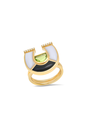 Peridot, White Agate, Onyx And Diamond Horseshoe Ring