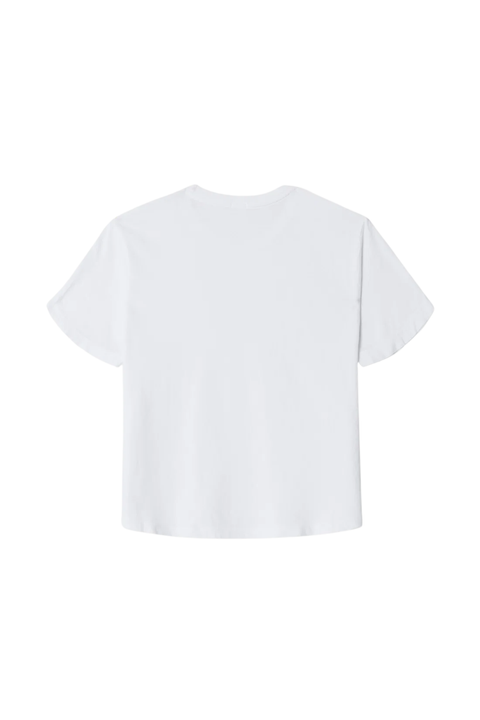 Back of a plain white short-sleeve crewneck t-shirt laid flat against a solid white background.