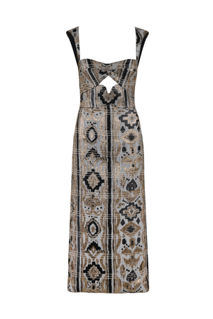 A jacquard multicolored midi dress with a ruched square neckline and cutout