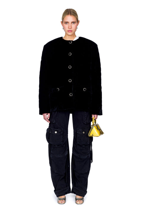 Quilted velvet evening jacket with gold buttons and cargo pants