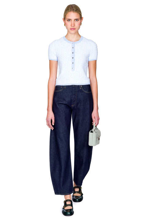 Short Sleeve Crew Neck Top With Button Placket