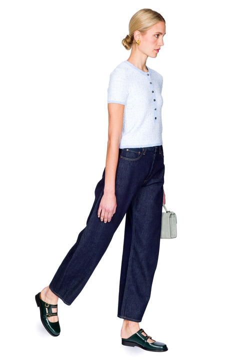 Short Sleeve Crew Neck Top With Button Placket