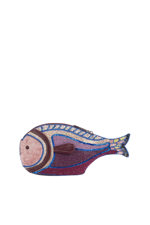 Decorative fish-shaped clutch with purple and blue embellishments on a white background