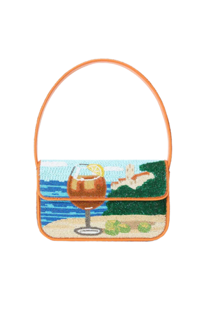 Beaded handbag with a beach scene and cocktail