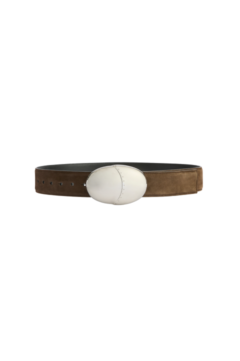A brown wide belt with a silver oval-shaped buckle