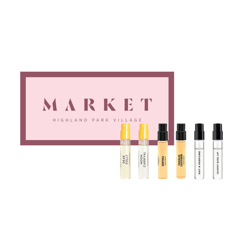 View of the six perfume samples and the box they are packaged in