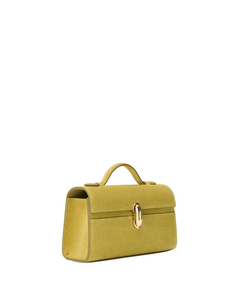 Yellow handbag with a gold clasp on a white background